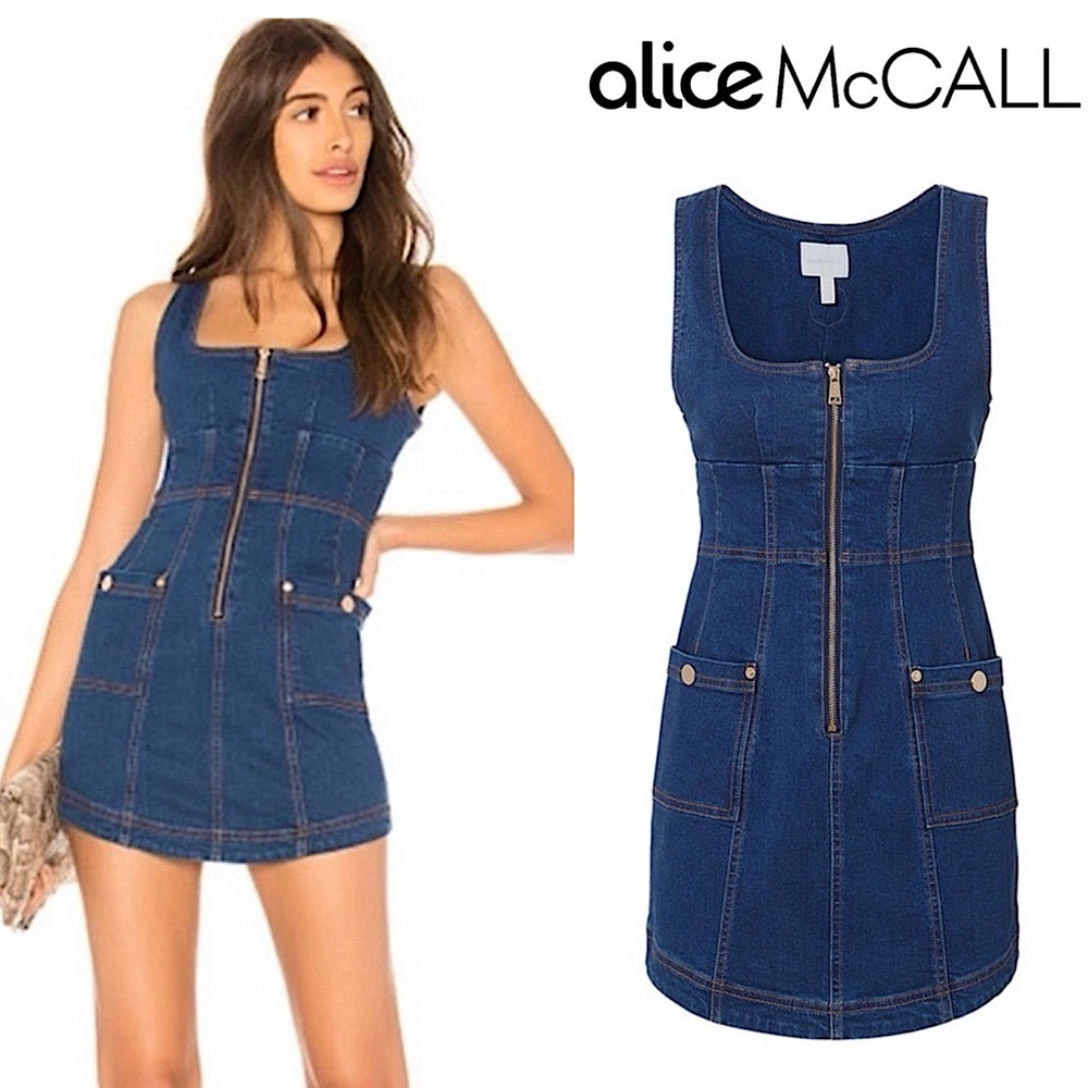 Alice McCall Revolve On and Off Jean Denim Mini Dress US 6 Stretch Square Neck